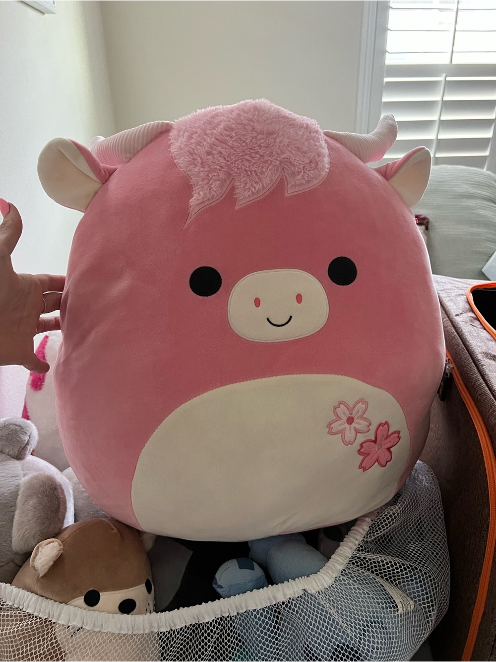 Squishmallows Pink Plush Cow Pillow with Embroidered Floral Accents